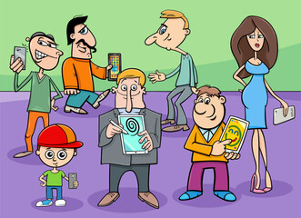 cartoon people with smart phones or electronic devices - 775080693