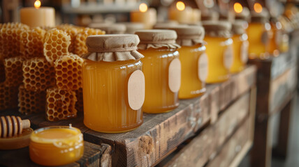 Photo of honey jars and beeswax on a shelf. - obrazy, fototapety, plakaty