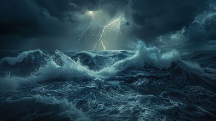 Dramatic ocean thunderstorm with turbulent waves, lightning, dark clouds, and dramatic lighting - obrazy, fototapety, plakaty