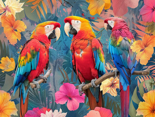 collage di fiori e foglie e  pappagalli in stile retrò per creare un'immagine di grande effetto,carta da parati, quadro , pappagallo in primo piano, uso di diversi materiali e tecniche