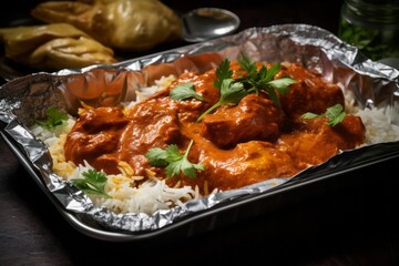 Hearty chicken tikka masala on a plastic tray against an aluminum foil background