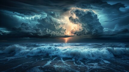 Hyper realistic photo of dramatic ocean storm with lightning, turbulent waves, dark clouds