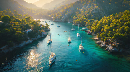 An aerial view of a tranquil bay dotted with sailboats and yachts - obrazy, fototapety, plakaty
