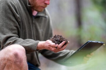 holding soil in hand. study soil health. soil fungi storing carbon through carbon sequestration on...