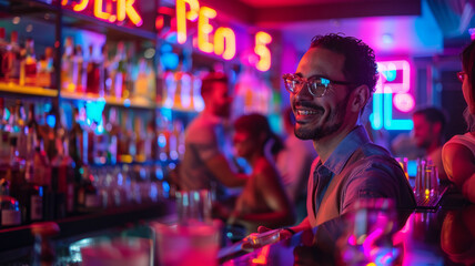 Man smiling at a bar with friends.