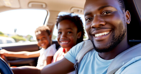 A happy African American family is enjoying a ride in their car.
- 775081802