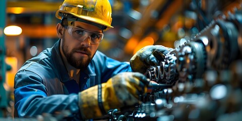 Mechanic in garage tightening nut on car engine while wearing gloves and using tools. Concept Automotive Repair, Mechanic, Garage, Tool Usage, Car Engine