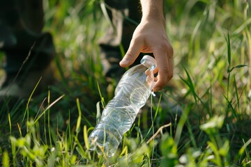 Close-up of a person's hand picking up a plastic bottle in the grass, showing environmental care and waste management