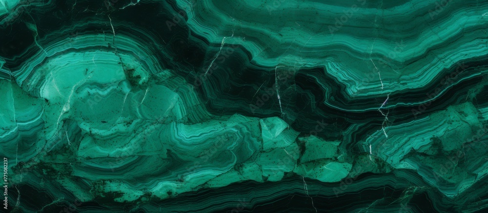Poster green marble stone slab with intricate patterns and textures, set against a dark black backdrop, cre