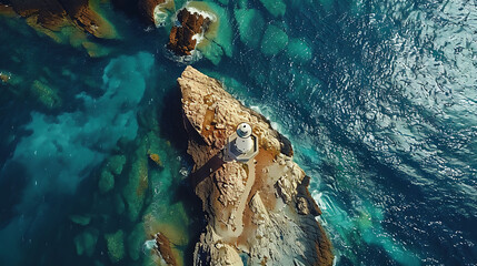 An aerial view of a tranquil lighthouse overlooking rocky coastal cliffs