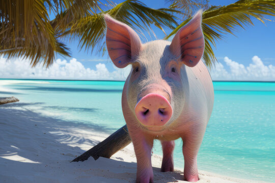 Floating tame pigs on white sand beach.
A trip to Bahamas. Exuma pig beach.
An interesting photo of trip to tropical country. 