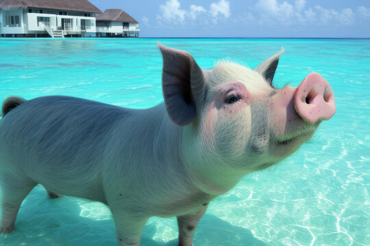 Floating tame pigs on white sand beach.
A trip to Bahamas. Exuma pig beach.
An interesting photo of trip to tropical country. 