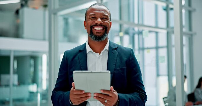 African businessman, face and tablet for online research in office and idea for solution on project. Black man, hr consultant and happy portrait with touchscreen for productivity and problem solving