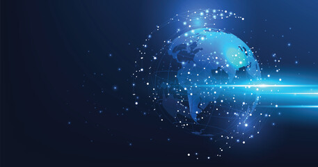 Global network technology background.World image on dark blue background.Communication technology for business.Futuristic globalization modern.3D vector illustration.	 - obrazy, fototapety, plakaty