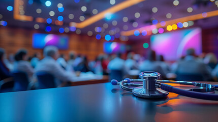 Close up of stethoscope on the background of conference room full of doctors and medical personal hearing the medical presentation 