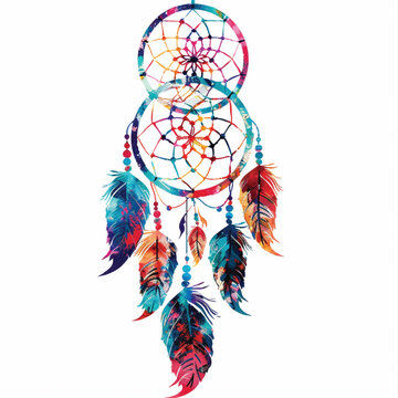 Watercolor painting of a dreamcatcher surrounded by colorful flowers.