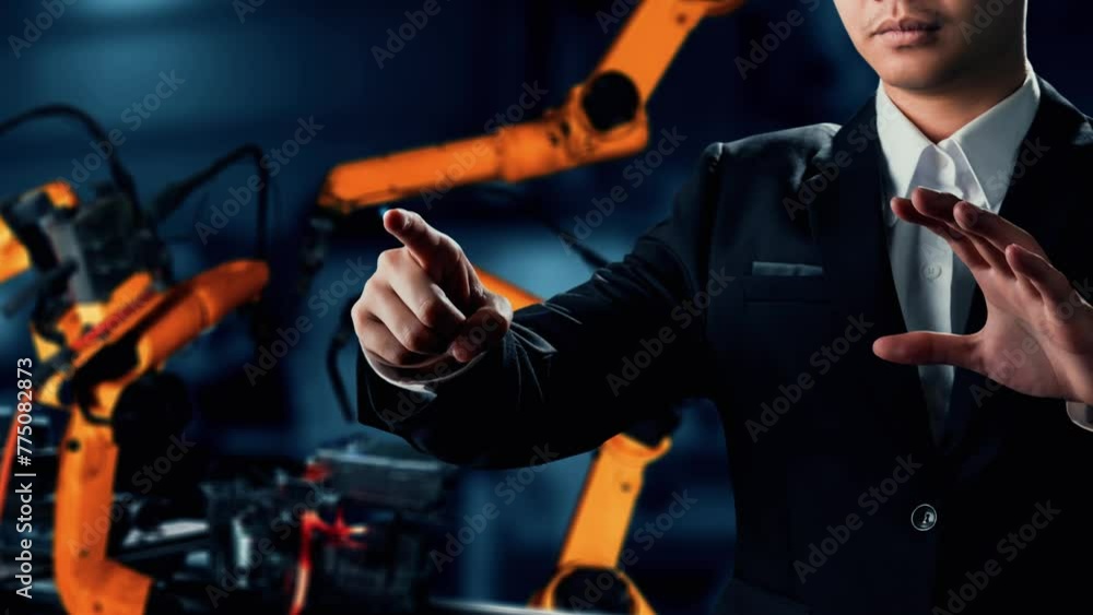 Poster xai engineer use cybernated robotic software to control industry robot arm in factory. automation ma