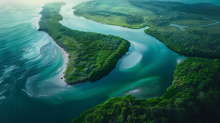 An aerial view of a tranquil river delta flowing into the ocean