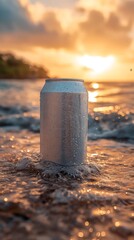 Tin can for drinks 330 ml on a background of the sea