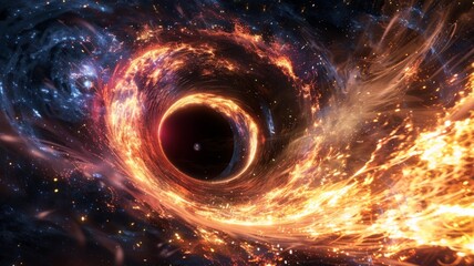Fiery black hole swallowing stellar material - A vibrant depiction of a black hole engulfing matter from a nearby star with intense fiery details - obrazy, fototapety, plakaty
