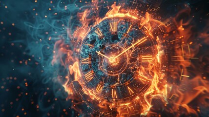 Fiery abstract clock concept with sparks - An abstract fiery clock face surrounded by intense sparks and flames, suggesting urgency or the concept of passing time