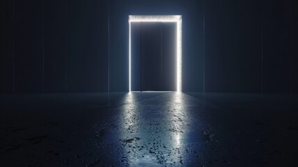 Mysterious doorway with glowing edges in dark - An eerie, illuminating rectangle doorway stands in the darkness, suggesting a passage to the unknown with its stark, glowing edges - obrazy, fototapety, plakaty