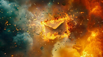 Enveloped in flames: email icon against hot chaos - An email icon at the center of a fiery explosion symbolizes urgent digital communication or internet dangers - obrazy, fototapety, plakaty