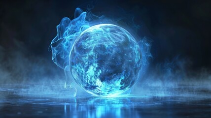 Glowing globe with cool blue smoke effect - An enigmatic blue globe enveloped in a mystical smoke, evoking feelings of discovery and technological advancement
