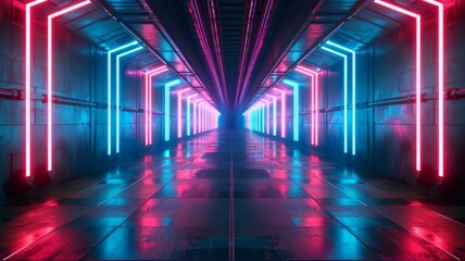 Futuristic neon-lit corridor concept art - An ultra-modern and vibrant corridor with reflective surfaces and bright neon lighting creating a sci-fi atmosphere