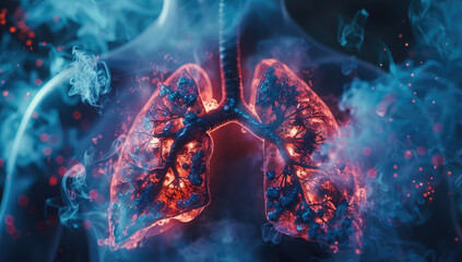 Closeup of the lungs in an x-ray style, highlighted in the style of medical images with blue smoke around them - obrazy, fototapety, plakaty