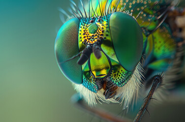A closeup of the head and eyes of an iridescent green fly, with its distinctive features in focus. The background is blurred to emphasize the subject
