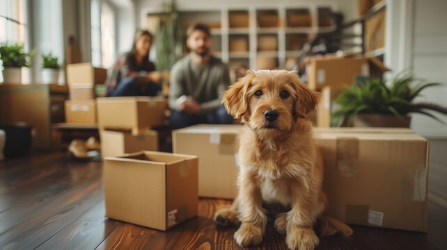 Moving a family with a dog. Photo of a dog on the background of moving boxes. moving with a pet