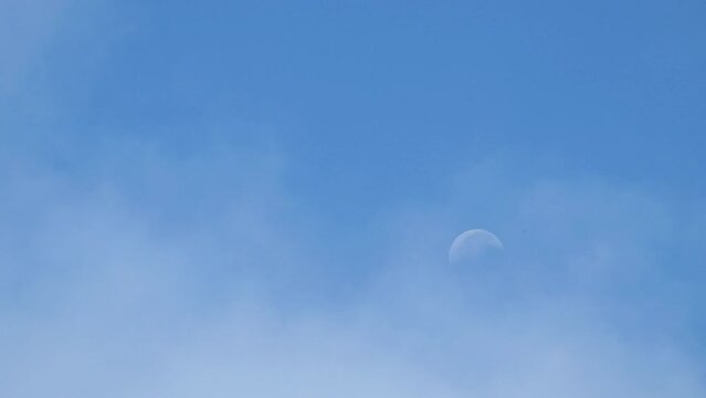The moon was still visible faintly in the morning. The moon was covered in clouds in the morning. The sky was blue