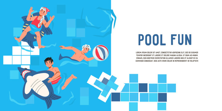 Kids beach and pool holiday banner or flyer design for swim party invitations and advertising posters, flat vector illustration. Banner or flyer design for children swimming pool activity.