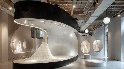 Hanging from the ceiling is a black curved box, interspersed with a white beam, with round lights above, a white wedding dress display inside the bottom exhibition area. Generative AI.
