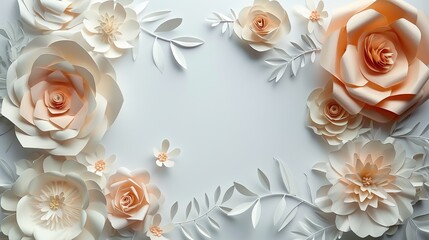 Elegant floral frame, featuring cream and peach colored paper flowers with delicate foliage