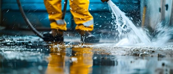 Clearing Blocked Sewer Line with Hydro Jetting: Watch the Powerful Water Pressure Cleaning in Action. Concept Sewer Line Maintenance, Hydro Jetting, Blocked Drains, Water Pressure Cleaning - obrazy, fototapety, plakaty