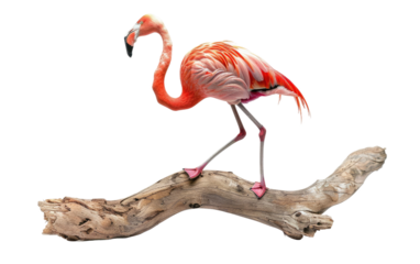 Flamingo Resting on Timber Limb isolated on transparent Background
