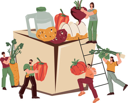 Donate food to charity, volunteers pack care boxes for those in need. Food banks in fighting hunger and helping the poor. 