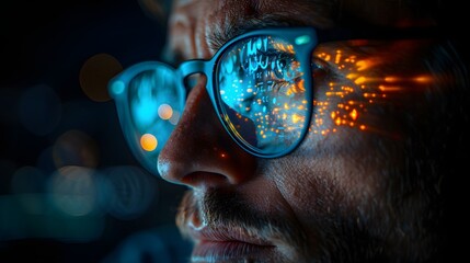 A man with glasses is looking at a computer screen. His right eye and the reflection of the screen are visible in the glasses - obrazy, fototapety, plakaty