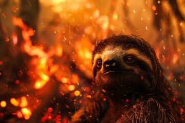 Fototapeta premium Dirty sloth against forest fire backdrop, visible flames