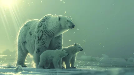 Fototapeten Polar bear mother and cubs in arctic tundra showcasing detailed fur in a realistic icy environment © RECARTFRAME CH
