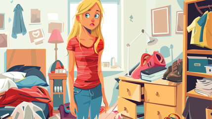 Blonde teen girl and mess in her room flat vector isolated