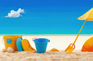 Beach summer background with baby toys