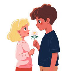 Cheerful boy gives flower to sweet blond girl. First date, first love concept. Vector flat illustration