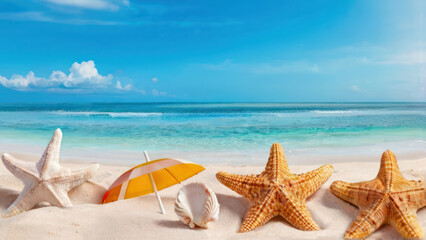 Fototapeta na wymiar sea shells and starfish with decorative umbrella on the beach