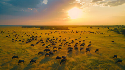 An aerial view of a vast savanna with herds of animals grazing on the grasslands