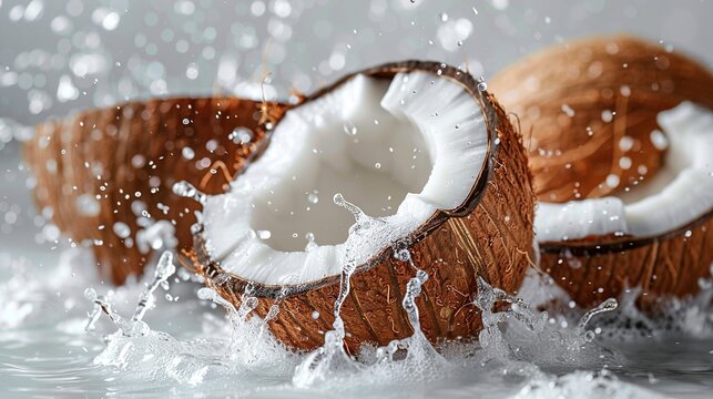 Coconut slices with water splashes isolated on white background