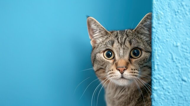 A cute cat peeks out from behind a corner on a blue background, with copy space