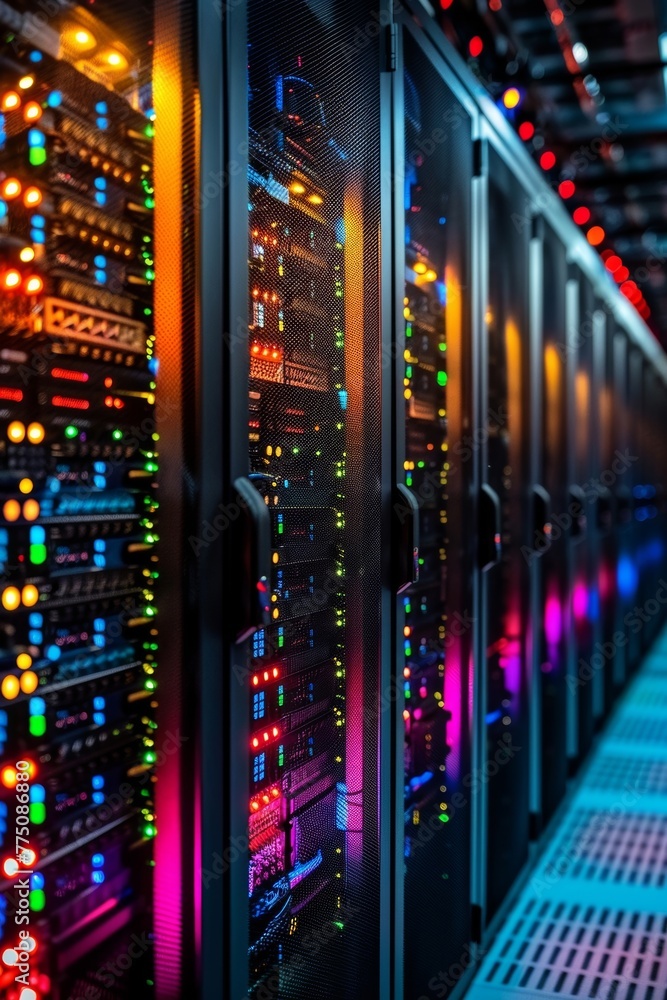 Poster an advanced data facility features neatly organized server racks in a dimly lit environment, accentu